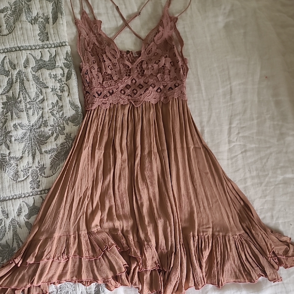 Free People Lace Detail Mini Dress in Blush